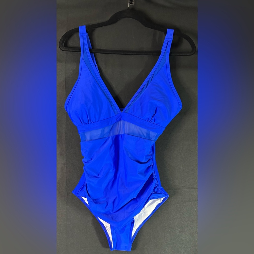 Royal Blue Ruched Mesh One Piece Swimsuit Size M